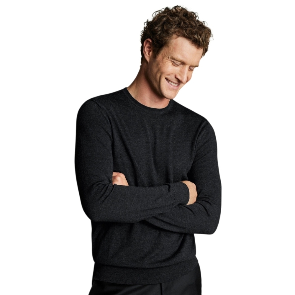 Charles Tyrwhitt Merino Crew Neck Sweater Charcoal Grey Men's Lrg